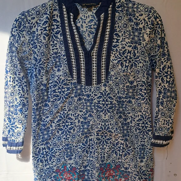 Brooks Brothers 346 Blue White Damask Paisley Tunic Top Lace Trim Split Neck 6 - Picture 1 of 2